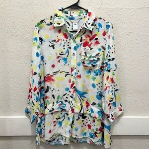Multiples White with Paint Splatter Print Button Down Size Small